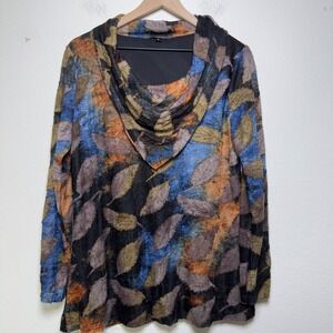 High Secret Womens Tunic Top Size L Multicolor Leaf Print Cowl Neck Long Sleeve